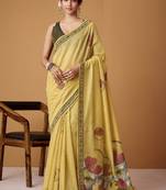 yellow soft jamdani cotton blend floral digital printed pallu festive wear saree