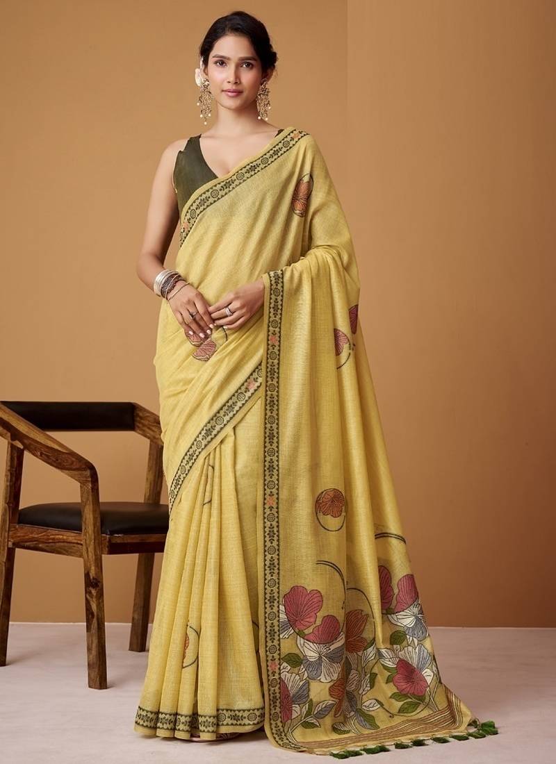 yellow soft jamdani cotton blend floral digital printed pallu festive wear saree