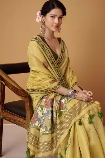 yellow soft jamdani cotton blend floral digital printed pallu festive wear saree