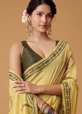 yellow soft jamdani cotton blend floral digital printed pallu festive wear saree 3