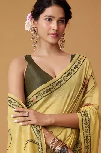 yellow soft jamdani cotton blend floral digital printed pallu festive wear saree