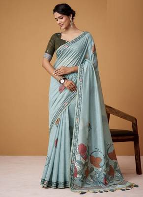 steel blue soft jamdani cotton blend floral digital printed pallu festive wear saree 1