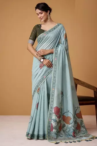 steel blue soft jamdani cotton blend floral digital printed pallu festive wear saree