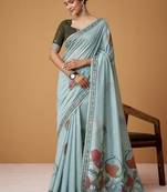 steel blue soft jamdani cotton blend floral digital printed pallu festive wear saree