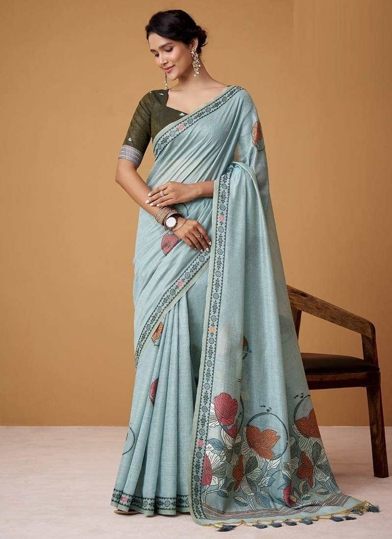 steel blue soft jamdani cotton blend floral digital printed pallu festive wear saree