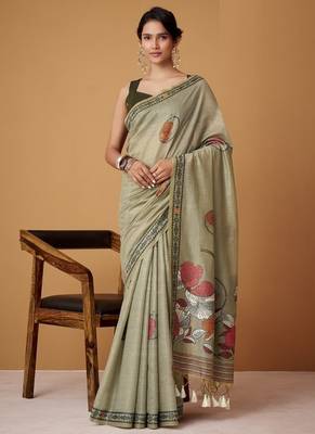 light olive soft jamdani cotton blend floral digital printed pallu festive wear saree 1