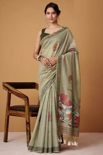 light olive soft jamdani cotton blend floral digital printed pallu festive wear saree