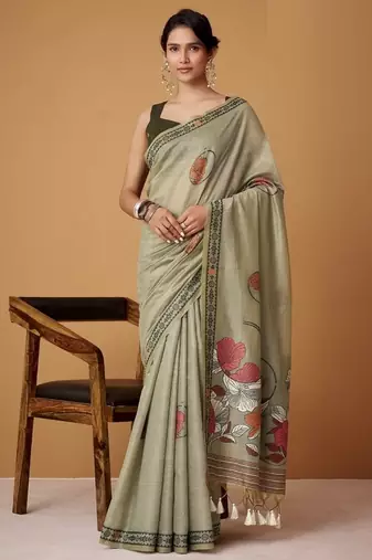 light olive soft jamdani cotton blend floral digital printed pallu festive wear saree