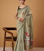 light olive soft jamdani cotton blend floral digital printed pallu festive wear saree
