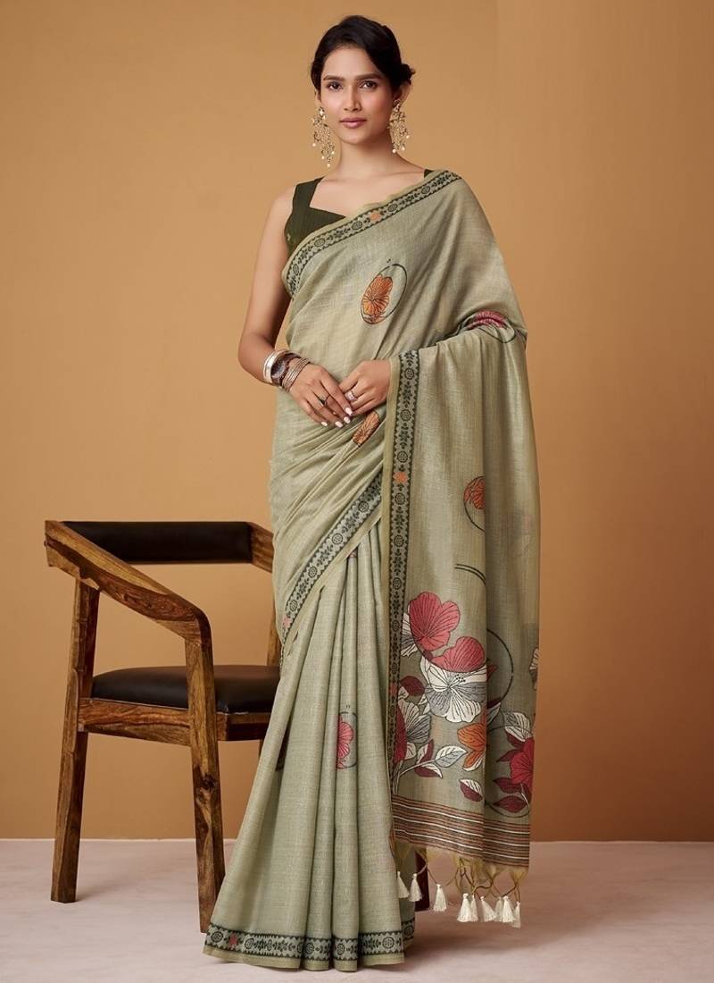 light olive soft jamdani cotton blend floral digital printed pallu festive wear saree
