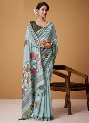 steel blue soft jamdani cotton blend floral digital printed pallu festive wear saree 2