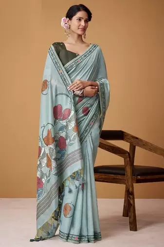 steel blue soft jamdani cotton blend floral digital printed pallu festive wear saree