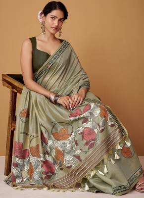 light olive soft jamdani cotton blend floral digital printed pallu festive wear saree 2