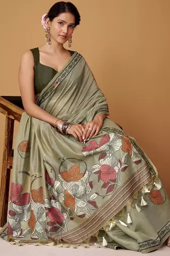 light olive soft jamdani cotton blend floral digital printed pallu festive wear saree