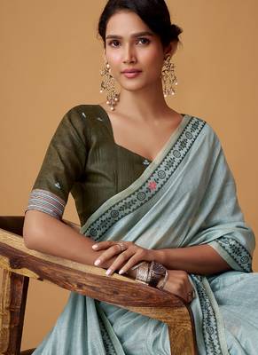 steel blue soft jamdani cotton blend floral digital printed pallu festive wear saree 3