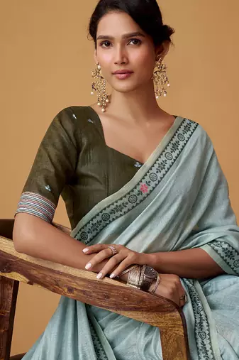 steel blue soft jamdani cotton blend floral digital printed pallu festive wear saree
