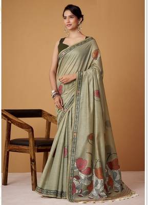 light olive soft jamdani cotton blend floral digital printed pallu festive wear saree 3