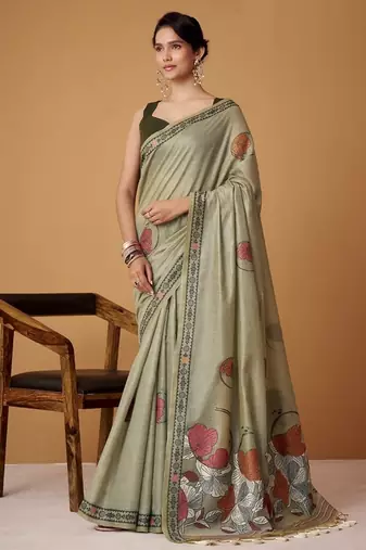 light olive soft jamdani cotton blend floral digital printed pallu festive wear saree