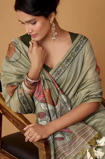 light olive soft jamdani cotton blend floral digital printed pallu festive wear saree
