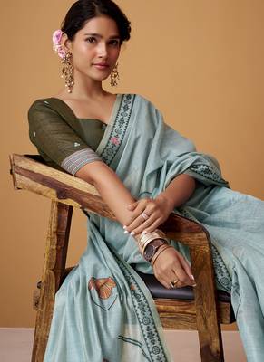 steel blue soft jamdani cotton blend floral digital printed pallu festive wear saree 4