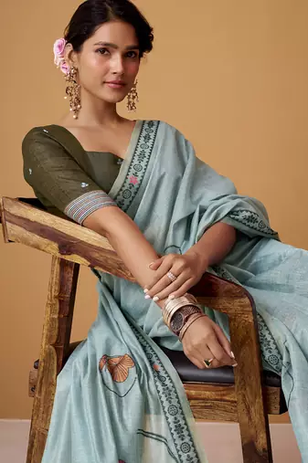 steel blue soft jamdani cotton blend floral digital printed pallu festive wear saree
