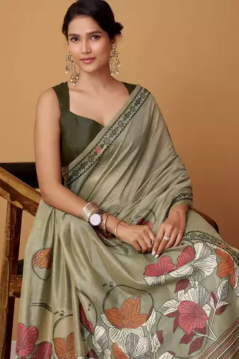 light olive soft jamdani cotton blend floral digital printed pallu festive wear saree