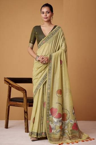 ligh cream soft jamdani cotton blend floral digital printed pallu festive wear saree