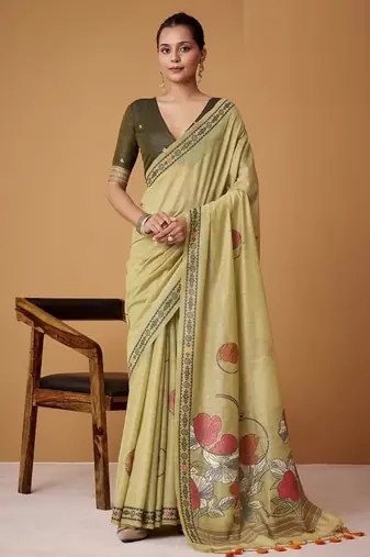 ligh cream soft jamdani cotton blend floral digital printed pallu festive wear saree