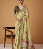 ligh cream soft jamdani cotton blend floral digital printed pallu festive wear saree