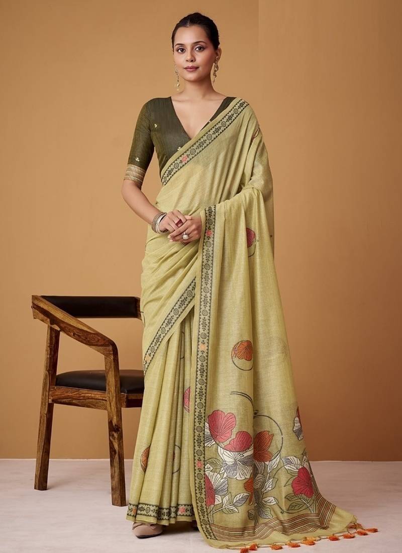 ligh cream soft jamdani cotton blend floral digital printed pallu festive wear saree