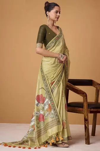 ligh cream soft jamdani cotton blend floral digital printed pallu festive wear saree