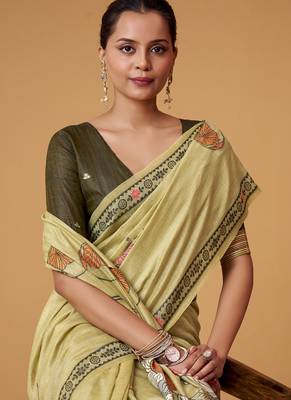 ligh cream soft jamdani cotton blend floral digital printed pallu festive wear saree 3
