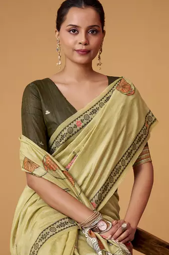 ligh cream soft jamdani cotton blend floral digital printed pallu festive wear saree