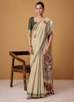 beige soft jamdani cotton blend floral digital printed pallu festive wear saree 1