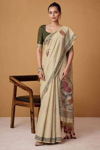 beige soft jamdani cotton blend floral digital printed pallu festive wear saree