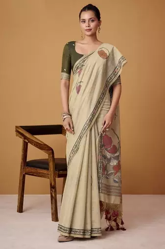 beige soft jamdani cotton blend floral digital printed pallu festive wear saree