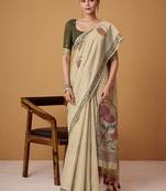 beige soft jamdani cotton blend floral digital printed pallu festive wear saree