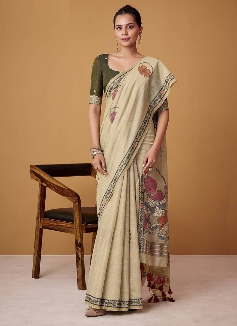 beige soft jamdani cotton blend floral digital printed pallu festive wear saree