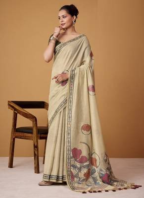 beige soft jamdani cotton blend floral digital printed pallu festive wear saree 2