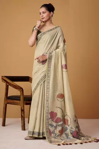 beige soft jamdani cotton blend floral digital printed pallu festive wear saree