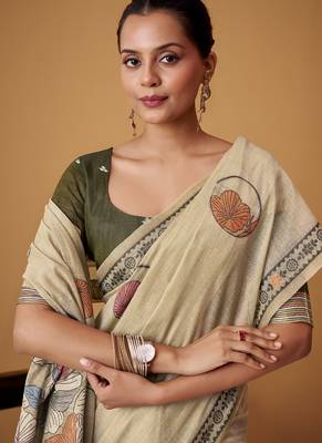 beige soft jamdani cotton blend floral digital printed pallu festive wear saree 3