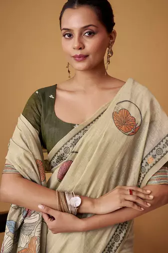 beige soft jamdani cotton blend floral digital printed pallu festive wear saree