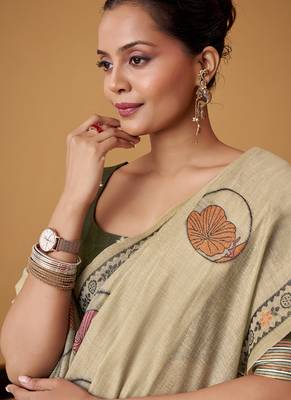 beige soft jamdani cotton blend floral digital printed pallu festive wear saree 4
