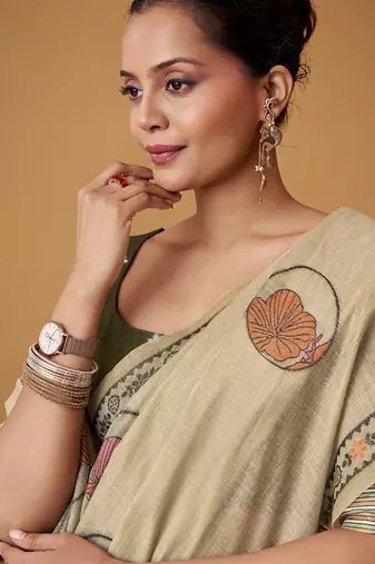 beige soft jamdani cotton blend floral digital printed pallu festive wear saree