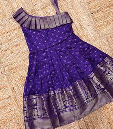 Girls pink woven silk flared gown with one-shoulder neck & zari border