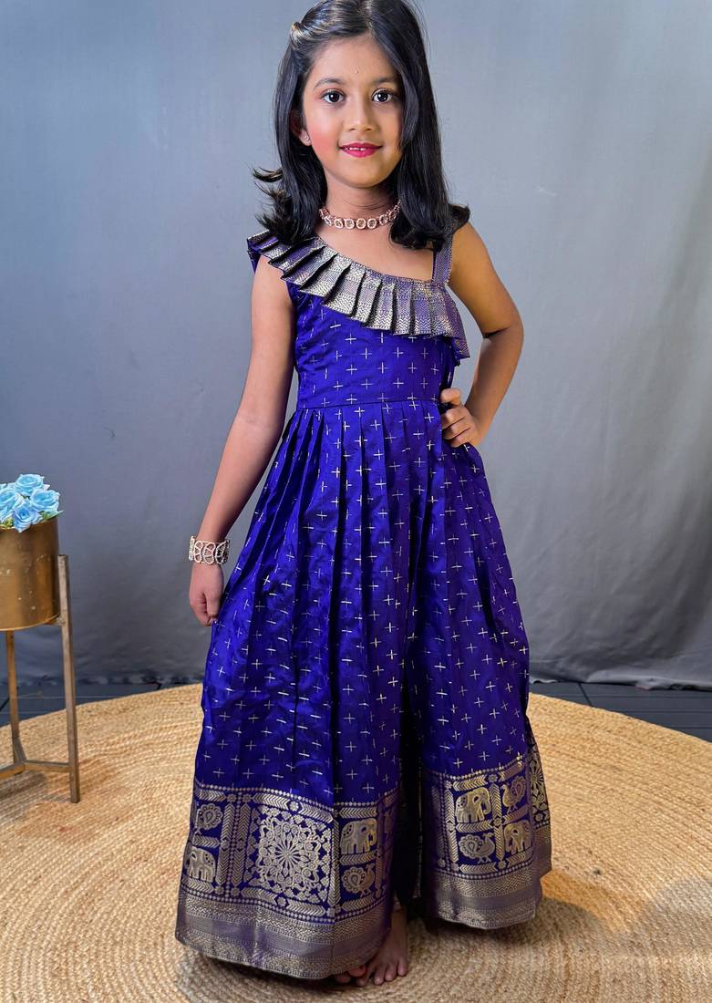 Girls pink woven silk flared gown with one-shoulder neck & zari border
