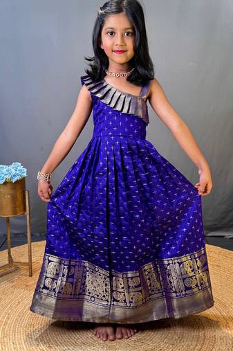 Girls pink woven silk flared gown with one-shoulder neck & zari border
