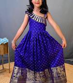 Girls pink woven silk flared gown with one-shoulder neck & zari border