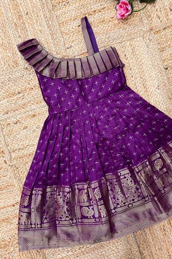 Girls pink woven silk flared gown with one-shoulder neck & zari border