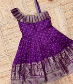 Girls pink woven silk flared gown with one-shoulder neck & zari border